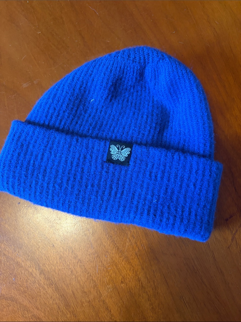 Bright Blue Knit Beanie Hat with Butterfly Patch